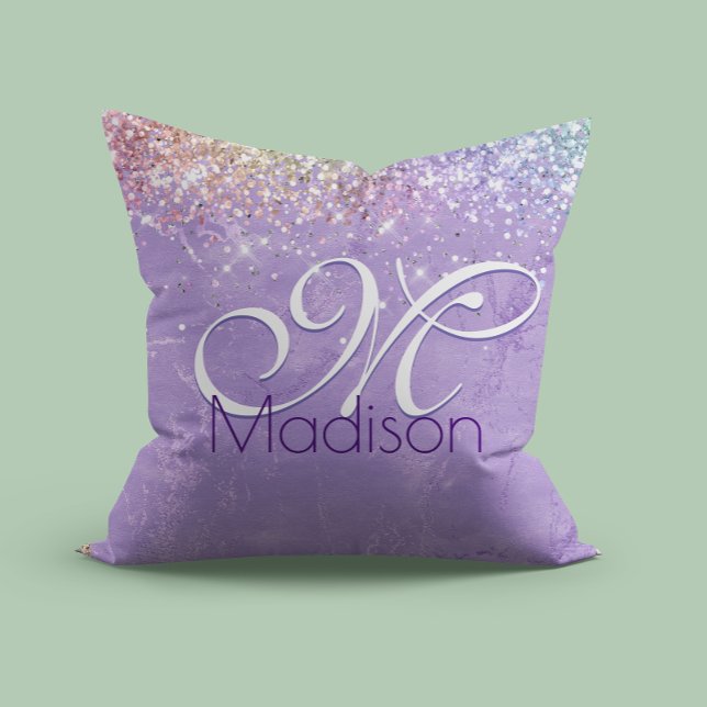 Cute iridescen lilac purple faux glitter monogram throw pillow (Creator Uploaded)