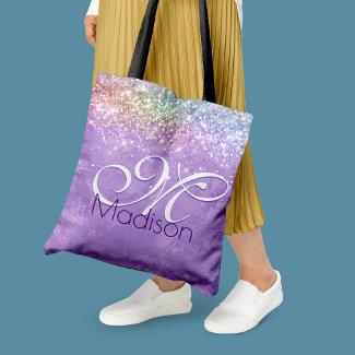Cute iridescen lilac purple faux glitter monogram