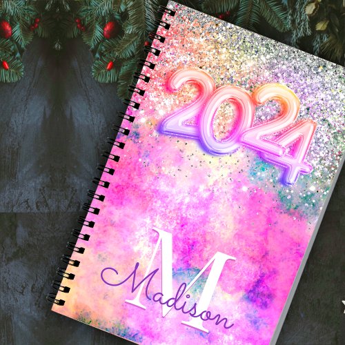 Cute iridescen silver faux glitter monogram 2024 planner