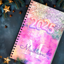 Cute iridescen silver faux glitter monogram 2025 notebook