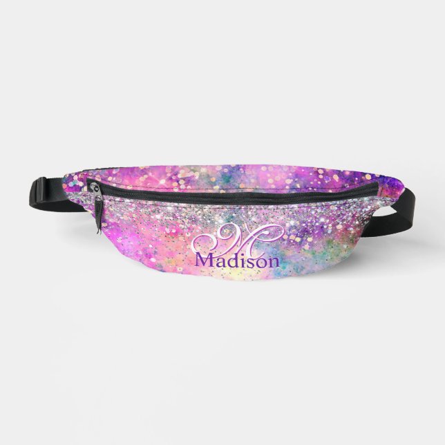 Cute iridescen silver faux glitter monogram fanny pack (Front)