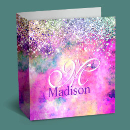 Cute iridescen silver faux glitter monogram notebo 3 ring binder