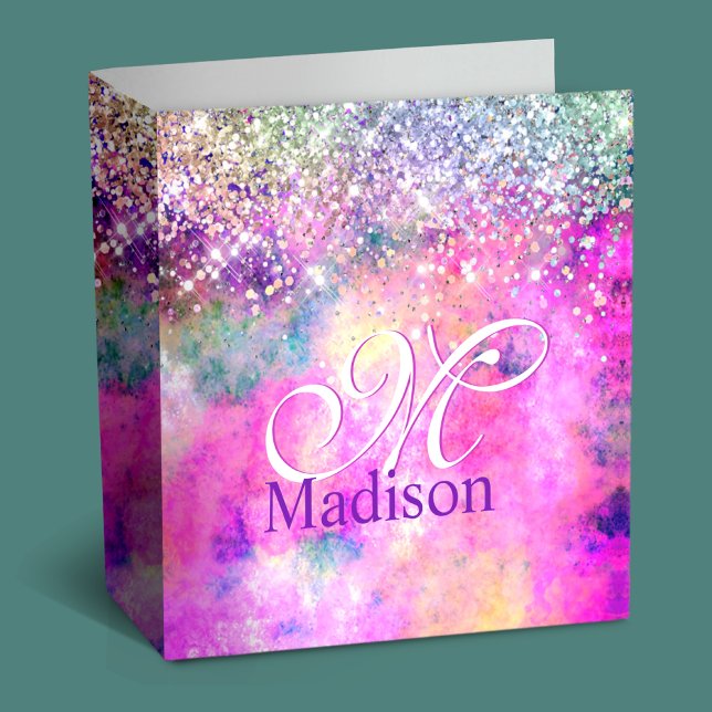 Cute iridescen silver faux glitter monogram notebo 3 ring binder (Creator Uploaded)