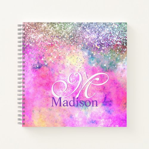 Cute iridescen silver faux glitter monogram notebo notebook