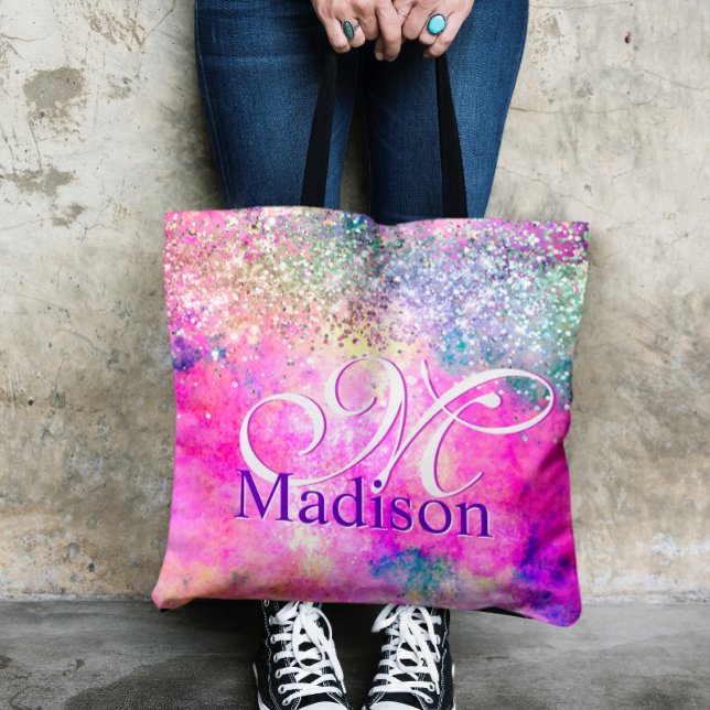 Cute iridescen silver faux glitter monogram notebo tote bag (Creator Uploaded)