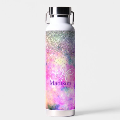 Cute iridescen silver faux glitter monogram notebo water bottle