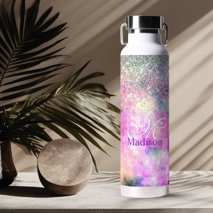 Cute iridescen silver faux glitter monogram notebo water bottle