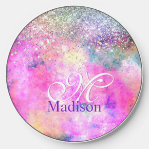 Cute iridescen silver faux glitter monogram notebo wireless charger 