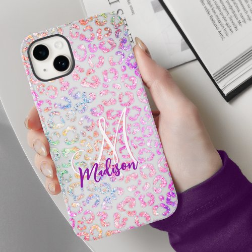 Cute iridescent Animal print glitter monogram Case_Mate iPhone 14 Case