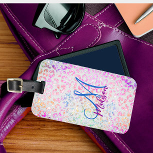 Cute iridescent Animal print glitter monogram Luggage Tag