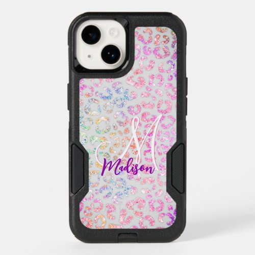 Cute iridescent Animal print glitter monogram OtterBox iPhone 14 Case