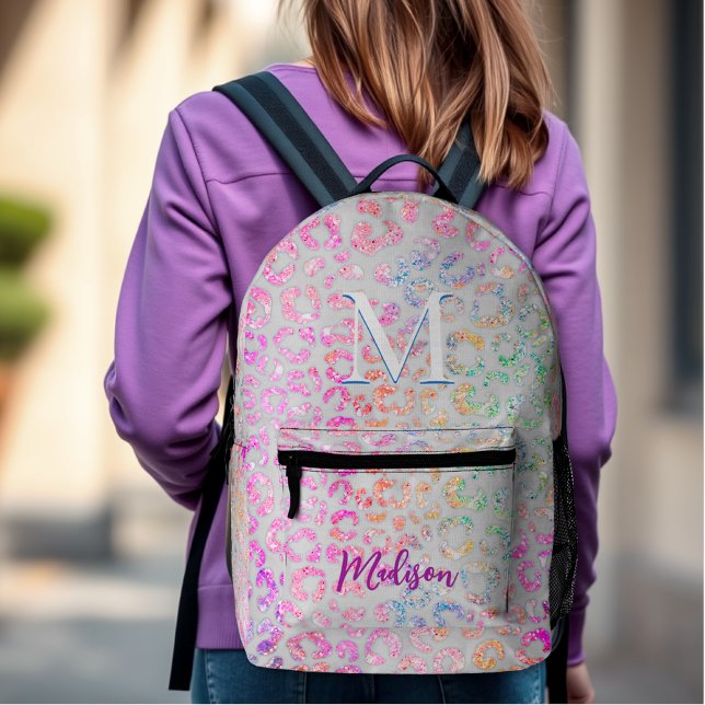 Cute iridescent Animal print glitter monogram Printed Backpack (Creator Uploaded)