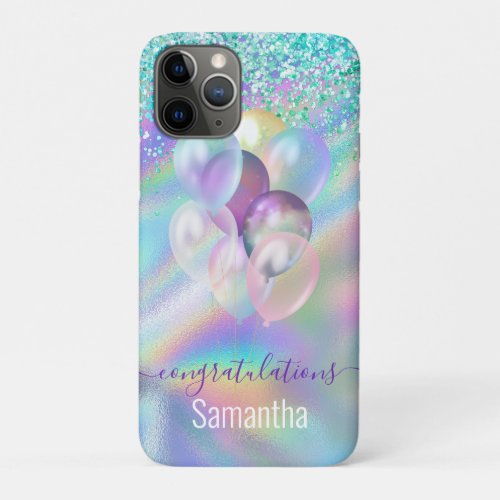 Cute iridescent blue glitter ballons monogram  iPhone 11 pro case