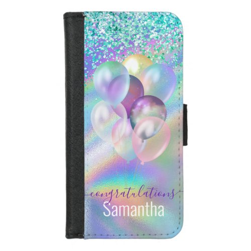 Cute iridescent blue glitter ballons monogram  iPhone 87 wallet case