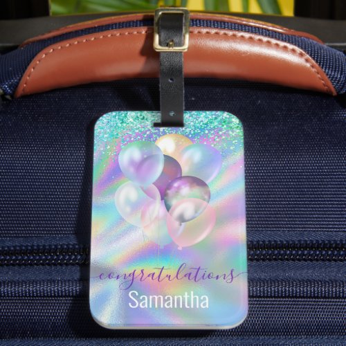 Cute iridescent blue glitter ballons monogram  luggage tag