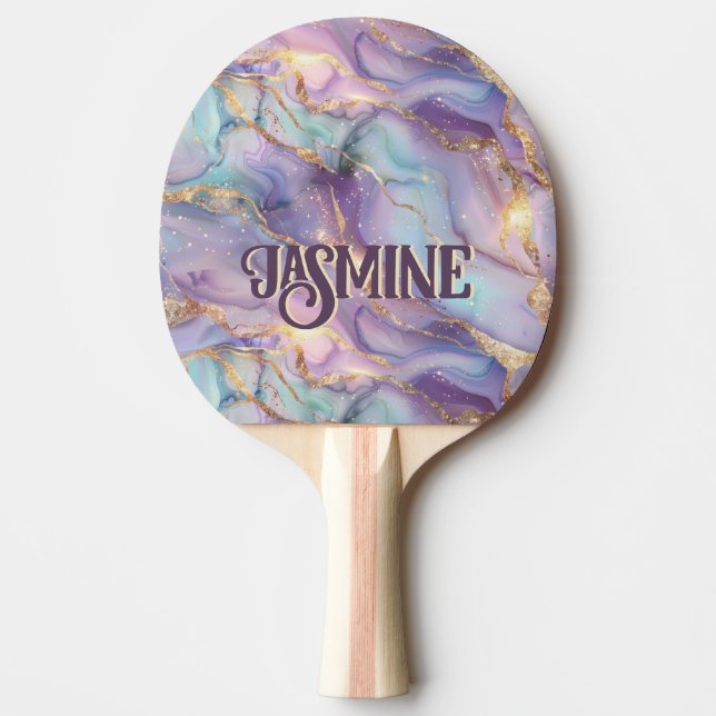 Cute Iridescent Blue Purple Gold Marble Monogram Ping Pong Paddle (Front)