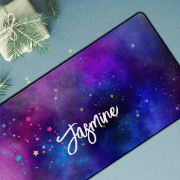 Cute iridescent blue space galaxy monogram desk mat