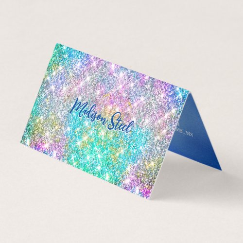 Cute iridescent colorful faux glitter monogram business card