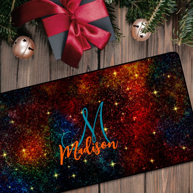 Cute iridescent colorful faux glitter monogram desk mat (Creator Uploaded)