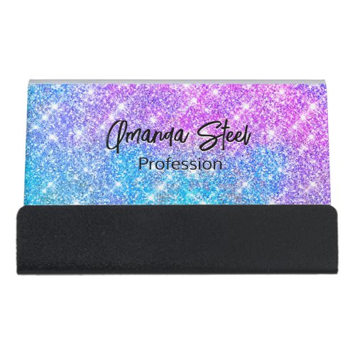 Cute iridescent colorful faux glitter monogram lug desk business card holder