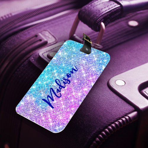 Cute iridescent colorful faux glitter monogram lug luggage tag