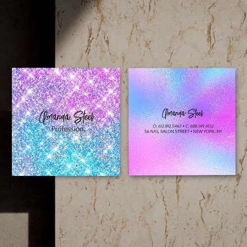Cute iridescent colorful faux glitter monogram lug square business card
