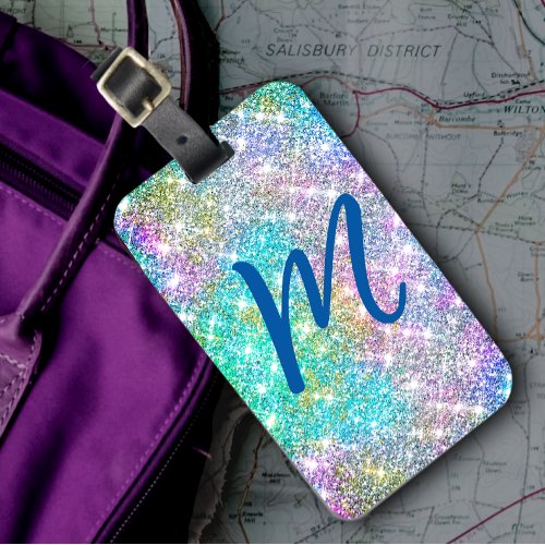 Cute iridescent colorful faux glitter monogram luggage tag