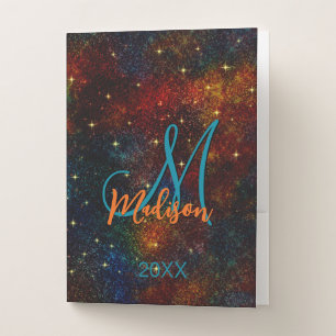 Cute iridescent colorful faux glitter monogram pocket folder