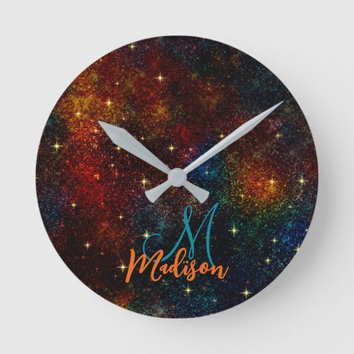 Cute iridescent colorful faux glitter monogram round clock