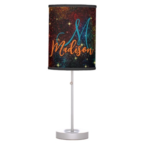 Cute iridescent colorful faux glitter monogram table lamp