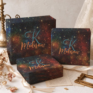 Cute Iridescent Colorful Faux Glitter Monogram Wrapping Paper Sheets