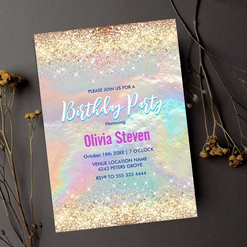 Cute iridescent faux gold glitter invitation