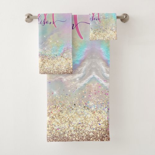 Cute iridescent faux gold glitter monogram bath towel set