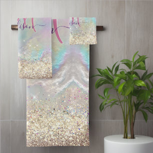 Cute iridescent faux gold glitter monogram bath towel set