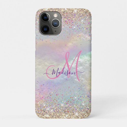 Cute iridescent faux gold glitter monogram iPhone 11 pro case