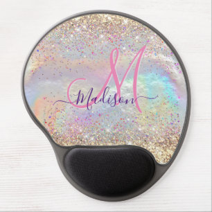 Cute iridescent faux gold glitter monogram gel mouse pad