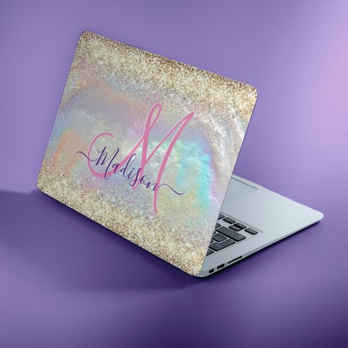 Cute iridescent faux gold glitter monogram HP laptop skin