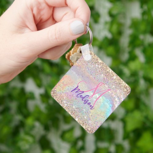 Cute iridescent faux gold glitter monogram keychain