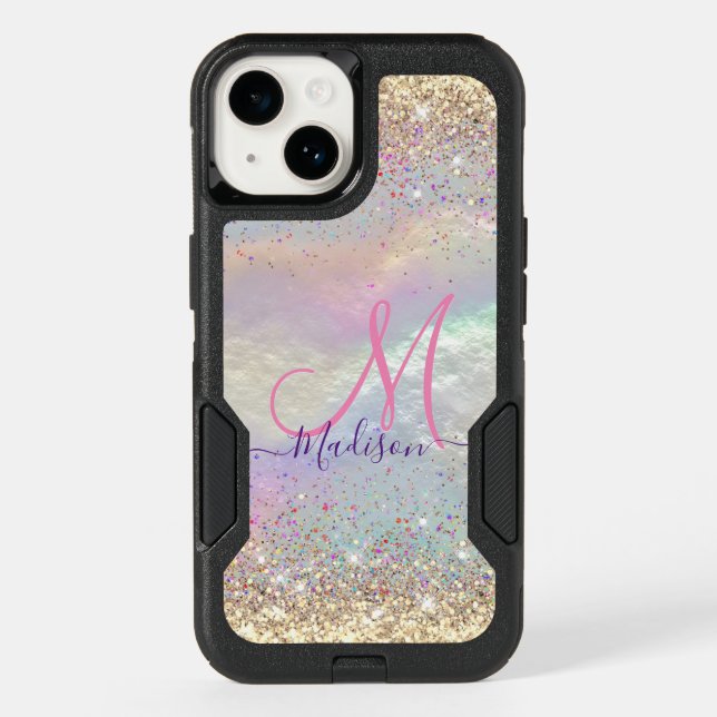 Cute iridescent faux gold glitter monogram otterbox iPhone case (Back)