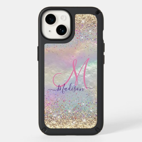 Cute iridescent faux gold glitter monogram speck iPhone 14 case