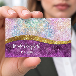 Cute iridescent fuchsia gold faux glitter monogram business card magnet