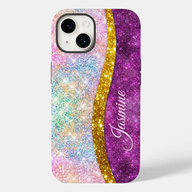 Cute iridescent fuchsia gold faux glitter monogram Case-Mate iPhone case (Back)