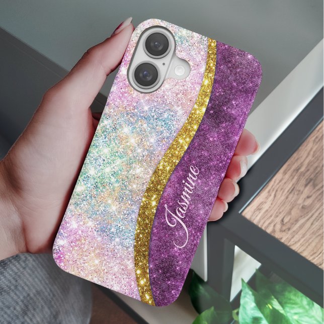 Cute iridescent fuchsia gold faux glitter monogram Case-Mate iPhone case (Creator Uploaded)