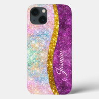 Cute iridescent fuchsia gold faux glitter monogram