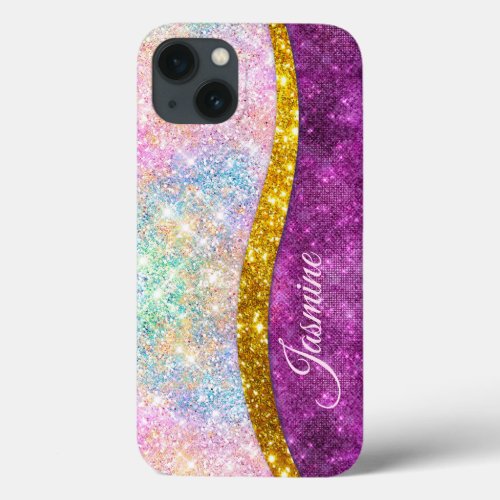 Cute iridescent fuchsia gold faux glitter monogram iPhone 13 case