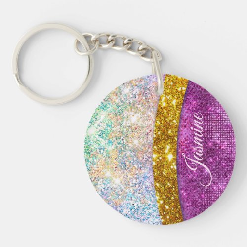 Cute iridescent fuchsia gold faux glitter monogram keychain