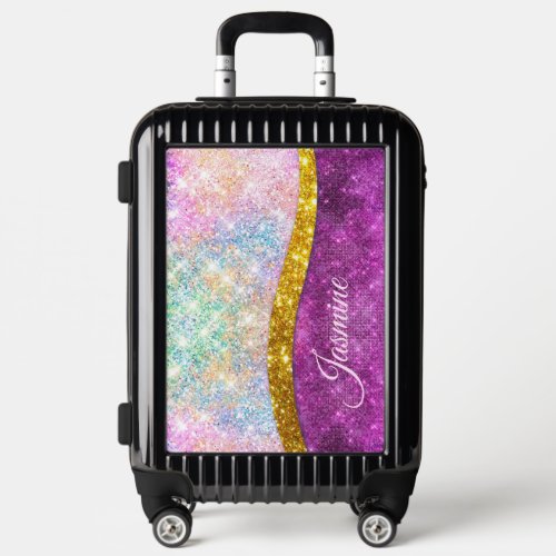 Cute iridescent fuchsia gold faux glitter monogram luggage
