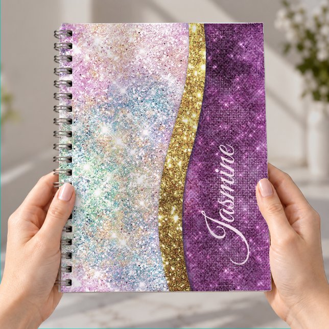 Cute iridescent fuchsia gold faux glitter monogram notebook (Creator Uploaded)