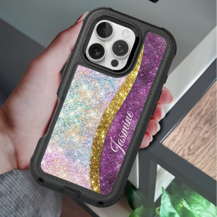 Cute iridescent fuchsia gold faux glitter monogram iPhone 16 pro case