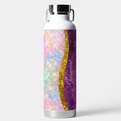 Cute iridescent fuchsia gold faux glitter monogram water bottle